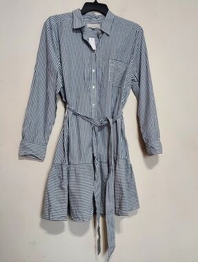 LOFT Navy and White Striped Long-Sleeve Shirt Dress with Tie Waist Sz-XXL